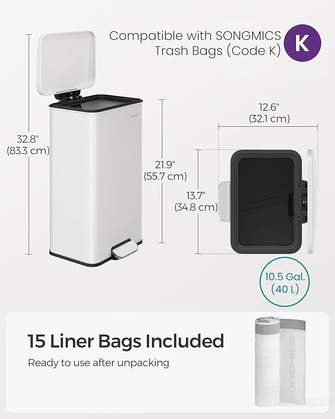 SONGMICS Kitchen Trash Can, 10.5 Gallon (40 L) Garbage Can, Large Step Trash Bin with Lid, Stainless Steel, Soft Close, 15 Trash Bags Included, White ULTB540W40