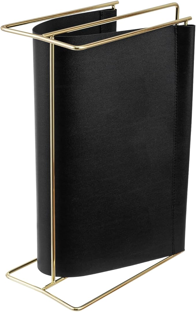 MyGift 15-Inch Modern Black Leatherette & Brass Plated Metal Magazine Holder – Floor Standing Faux Leather Sling Style Newspaper Rack for Home, Bathroom, Office Decor