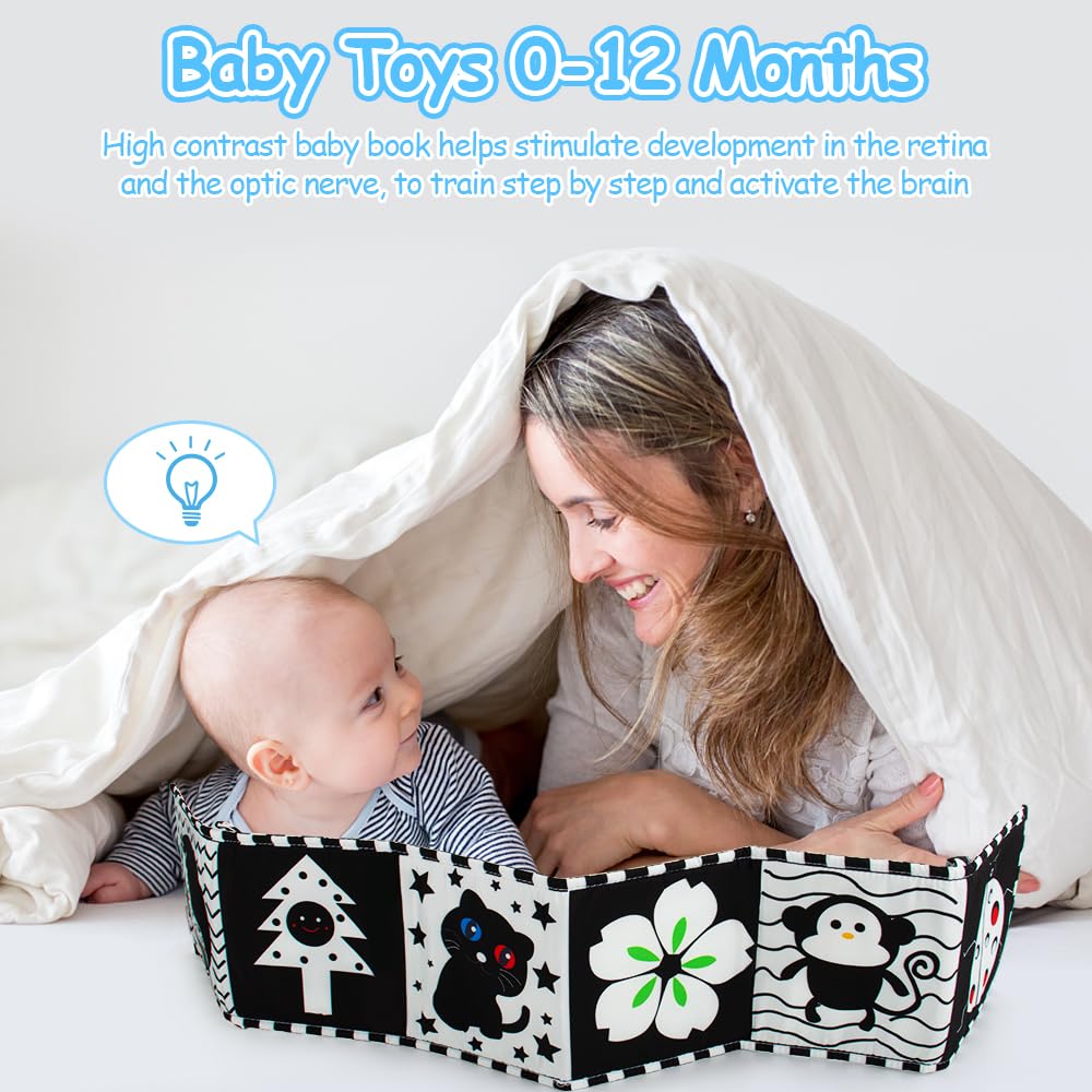 Cawgug Black and White High Contrast Baby Toys for Newborn Brain Development Tummy Time Soft Book Babies 0-3 6-12 Months Montessori Learning Activities Infant and Sensory Visual Stimulation Toys
