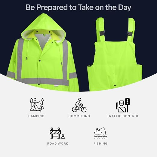 Global Glove FrogWear GLO-8000 Unisex High-Visibility Rain Suit, Lightweight Three-Piece Rain Gear with Waterproof Jacket, Bibs, and Detachable Hood – Neon Yellow, 3X-Large