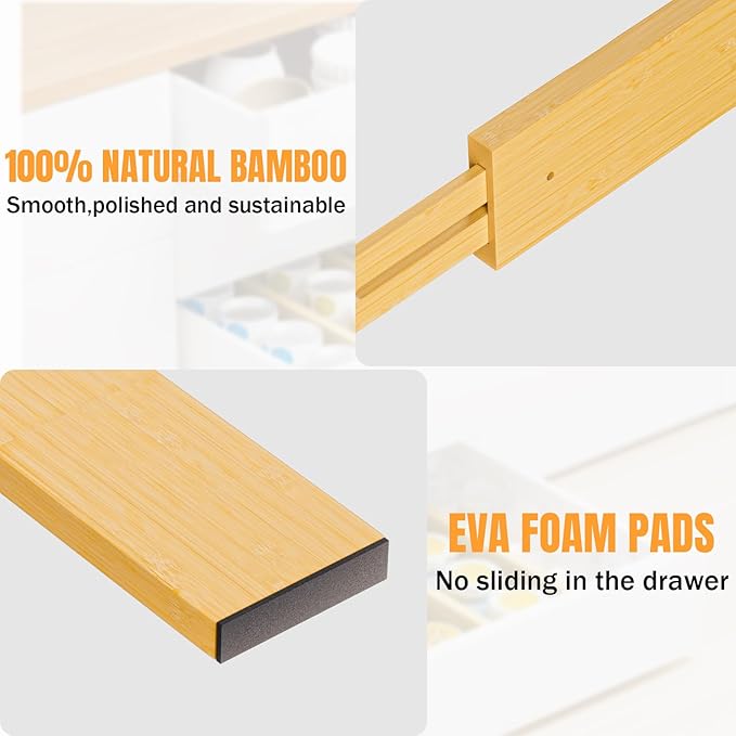 BAMBUROBA Bamboo Drawer Dividers, Adjustable Kitchen Drawer Organizer for Clothes,17-22" Expandable Drawer Organization Separators for Bedroom,Bathroom,Dresser and Office,6-Pack