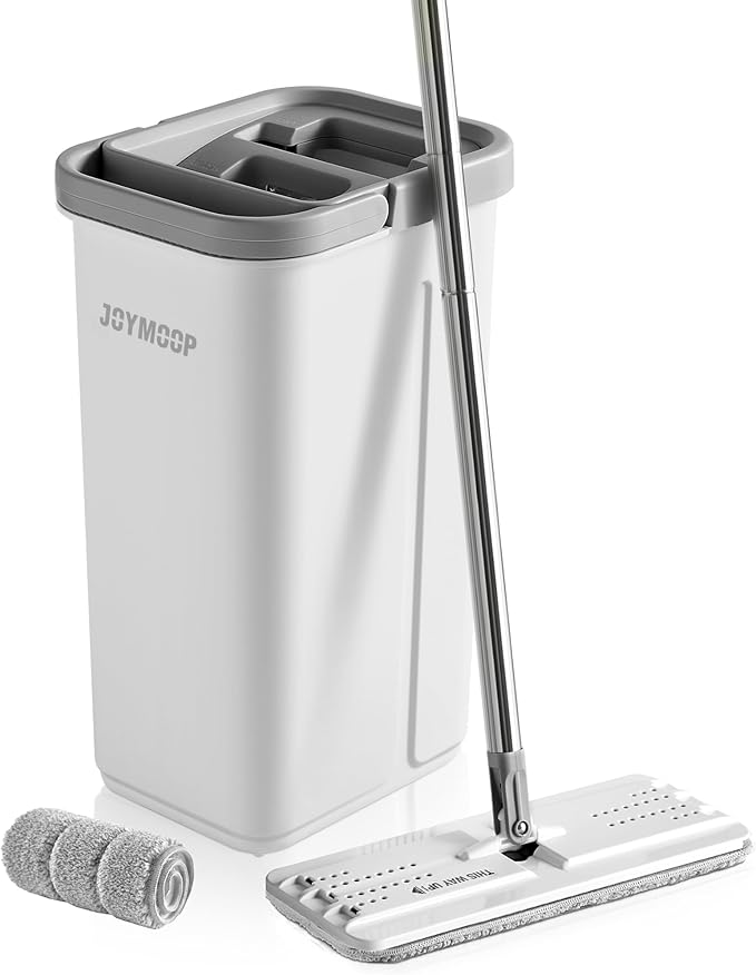 JOYMOOP Easy Clean and Self-Squeezing Microfiber Flat Mop and Bucket System, Mops for Floor Cleaning and Wall Cleaner, Hardwood, Tile, Laminate, Vinyl Floors, Smooth Walls, and Glass Windows