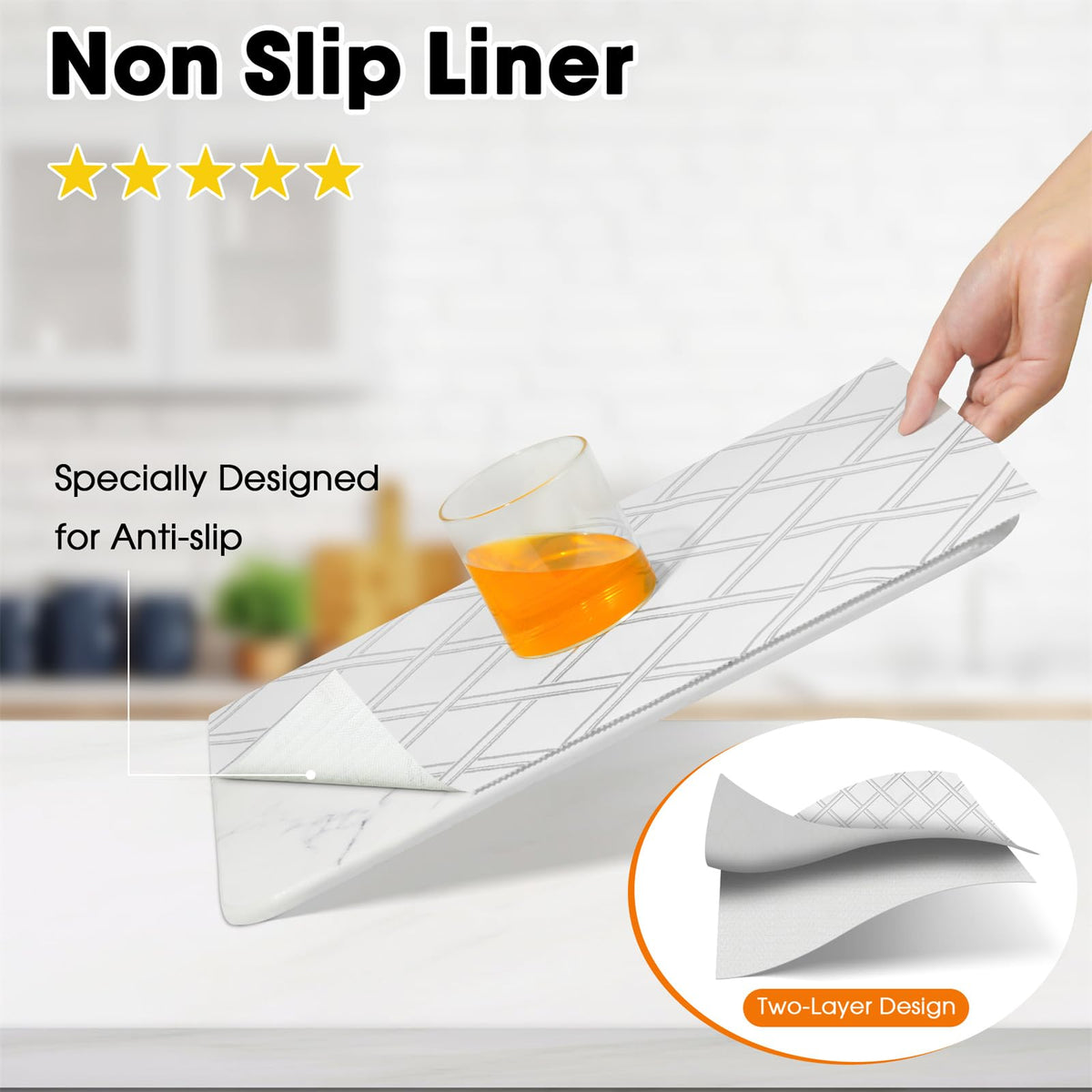 Drawer and Shelf Liner for Kitchen Cabinets Non-Adhesive Cabinet Liners for Shelves Strong Grip Non Slip Waterproof Cupboard Liner for Dresser Refrigerator, Bathroom,Silver Geometric,17.5IN X 10FT