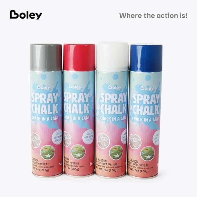Boley 8-Pack Spray Chalk, 7 oz Each - Red, White, Blue, and Silver Colors – Patriotic American Flag Outdoor Chalk for Sidewalk, Pavement, & Grass – Fun Washable Art for Kids, Celebrations, and Events