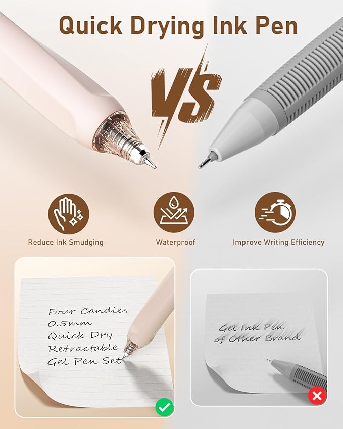 Four Candies 14Pack Pastel Gel Ink Pen Set,Cute Retractable 0.5mm Fine Point Pen,Note Taking Aesthetic Pens,12 Pack Black Ink Pens with 2Pack Highlighter, Smooth Writing Pens for School, Office(Brown)
