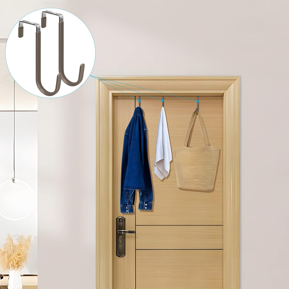 FYY Over The Door Hooks, 4 Pack Door Hangers Hooks with Rubber Prevent Scratches Heavy Duty Organizer Hooks for Living Room, Bathroom, Bedroom Hanging Clothes, Towels, Hats, Coats, Bags Brown
