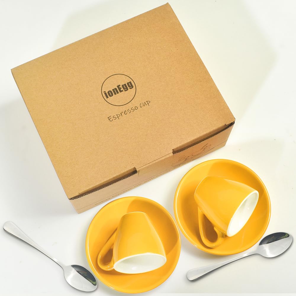 ionEgg Porcelain Espresso Cup with Saucer And Stainless Steel mini Spoons, Espresso shot Cup, 80ml/2.7Oz, Pack of 2, Yellow