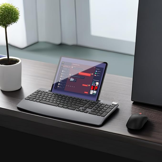 Ergonomic Wireless Keyboard and Mouse with Wrist Rest,Phone Holder - 2.4GHz Full-Sized Low-Profile Quiet Wireless Mouse and Keyboard Combo for Computer, Laptop, PC, Mac-Grey
