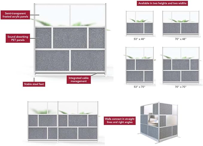 Stand Up Desk Store Expanse Modular Wall | 53'' x 70'' Wall | Expandable Partition Room Divider with Rearrangeable Frosted Acrylic & Sound Absorbent Panels (Silver Frame)