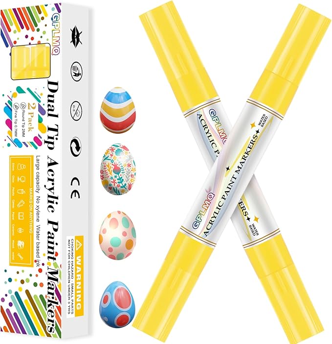 Paint Markers Paint Pens - 2 Pack Dual Tip Acrylic Permanent Marker (0.7mm & 3mm), Non-Toxic, Water-Based for Art Painting, Stone, Ceramic, Glass, Wood, Fabric, Metal, DIY Crafts (Yellow)