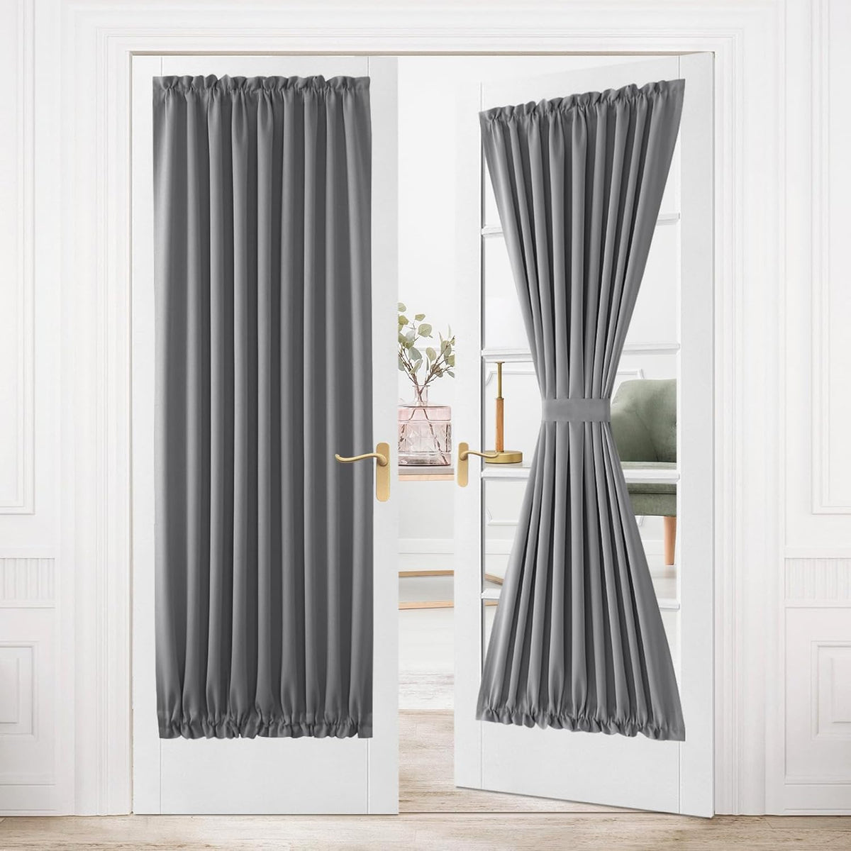 DWCN French Door Curtains â Rod Pocket Thermal Blackout Curtain for Doors with Glass Window, Kitchen and Patio Doors for Privacy, 36 X 80 Inches Long, 1 Curtain Panel with Tieback, Grey