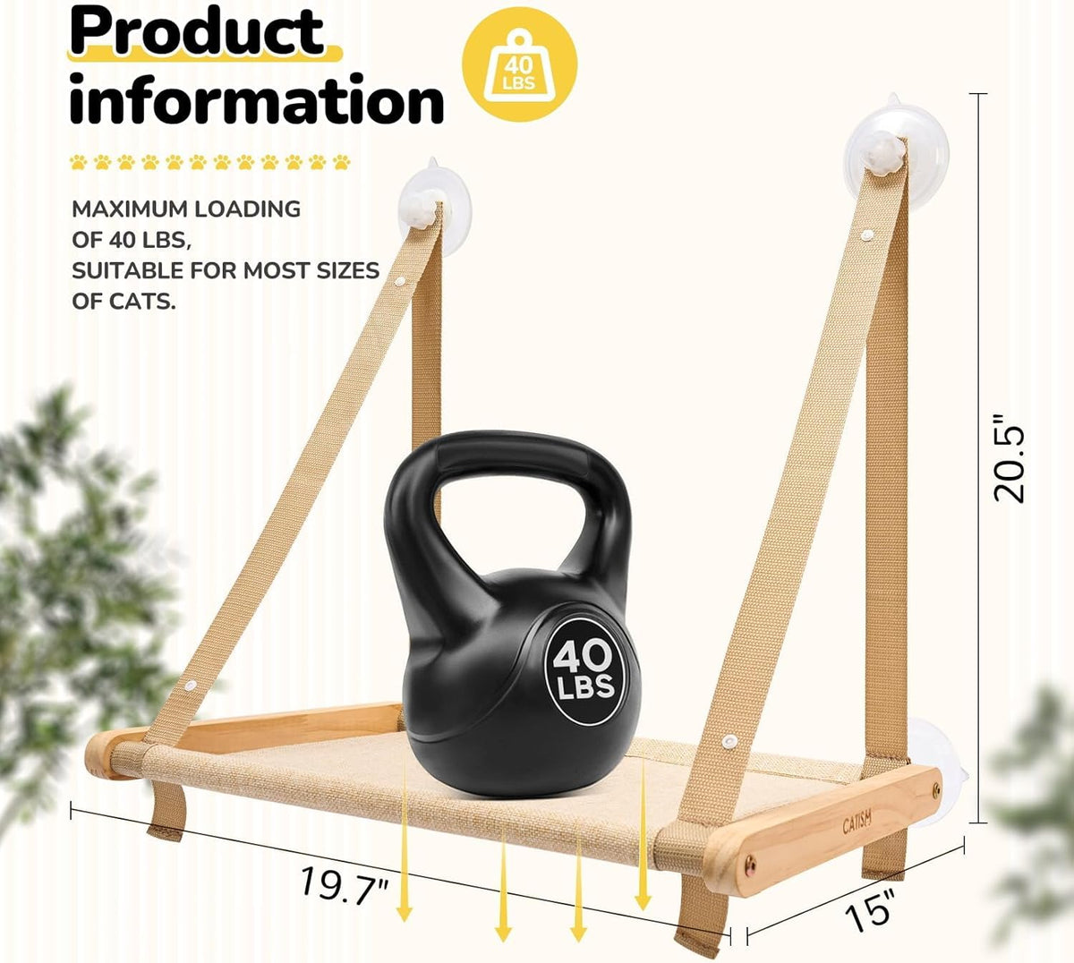 Cat Window Perch - Foldable Cat Hammock for Window, Soft Seat Machine Washable, Solid Wood Frame, 4 Suction Cups, Cats Window Hammock Load Weight Up to 40lbs