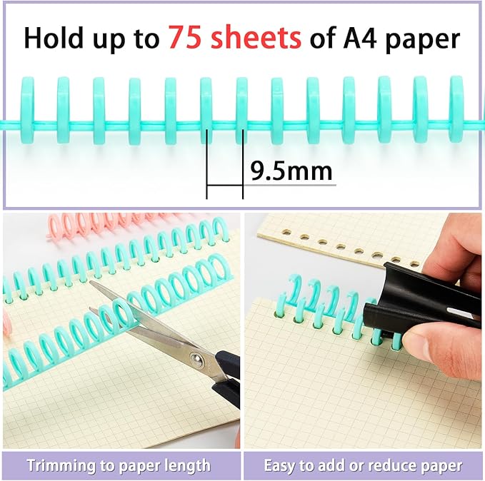 IMLIKE 10-Hole Binding Machine for Planners - Metal Manual Binding System with 10 Multi-Color 30-Hole Loose Leaf Binding Spines - Punches 26 Holes on B5, 30 Holes on A4, 20 Holes on A5 Paper - Black