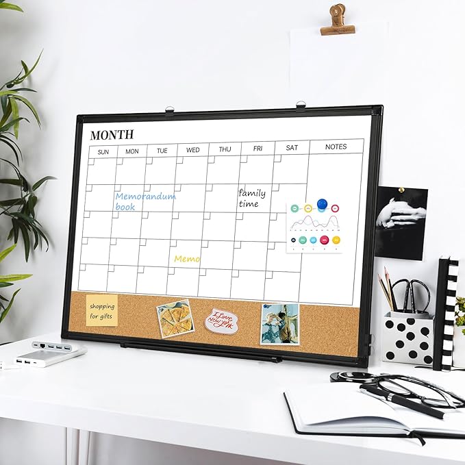 Dry Erase Calendar Board for Wall, 24"x18" Magnetic Whiteboard Calendar Double-Sided Monthly White Board with Cork Board, Black Aluminum Frame Memo Message Board for Office, Home, School