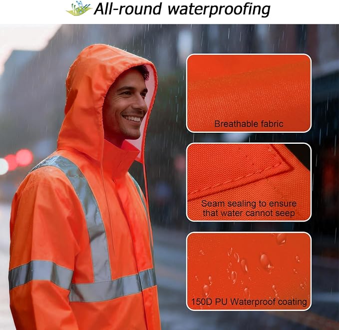 Hi Vis Rain Jacket Rain Suits for Men, High Visibility Waterproof Rain Coat with Hood, Class 3 Lightweight High Vis Rain Gear for Outdoor Activities& Safety Work, Men Women, Orange T, L-XL