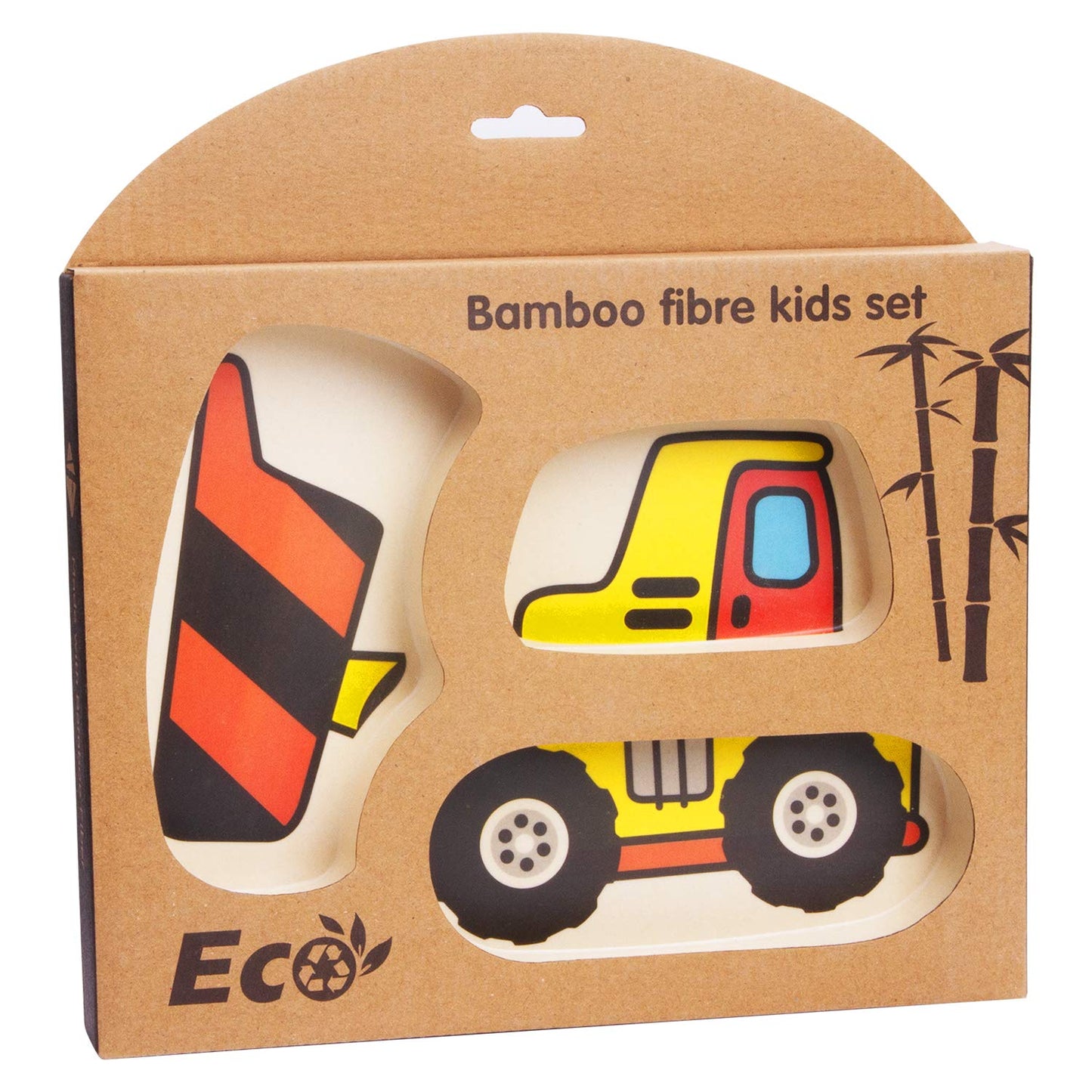 Kid Plate Set Bamboo Toddler Plates Dinnerware Dinner Dish Set Baby Feeding Spill Proof Divided Plate - Baby Spoon and fork 3-Piece Set for Kids and Toddlers (excavator/bulldozer)