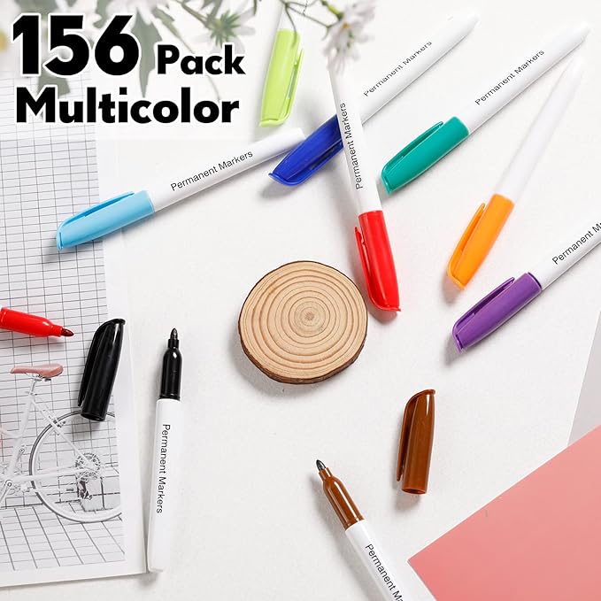 Thenshop 156 Pcs Permanent Markers Bulk 12 Assorted Colors Fine Point Permanent Marker Waterproof Fast Dry Work on Paper Glass Metal Plastic Wood Stone for Back to School Office Supplies(Multicolor)