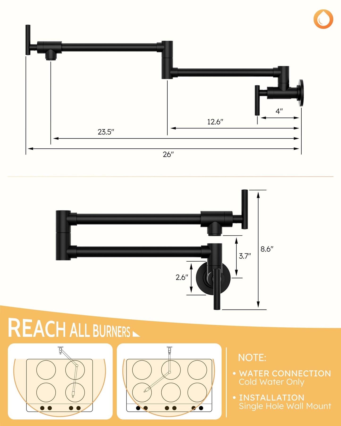WOWOW Pot Filler Faucet Matte Black, Brass Pot Filler Wall Mount Kitchen Stove Faucet with Double Joint Swing Arms