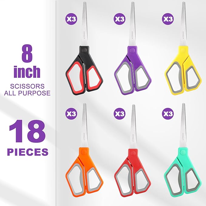 18Pack 8" Scissors All Purpose, Heavy Duty Scissors with Ultra Sharp Blades Comfort Grip Handles - For Office Home School Sewing Fabric Crafts, High/Middle School Student Teacher Scissor