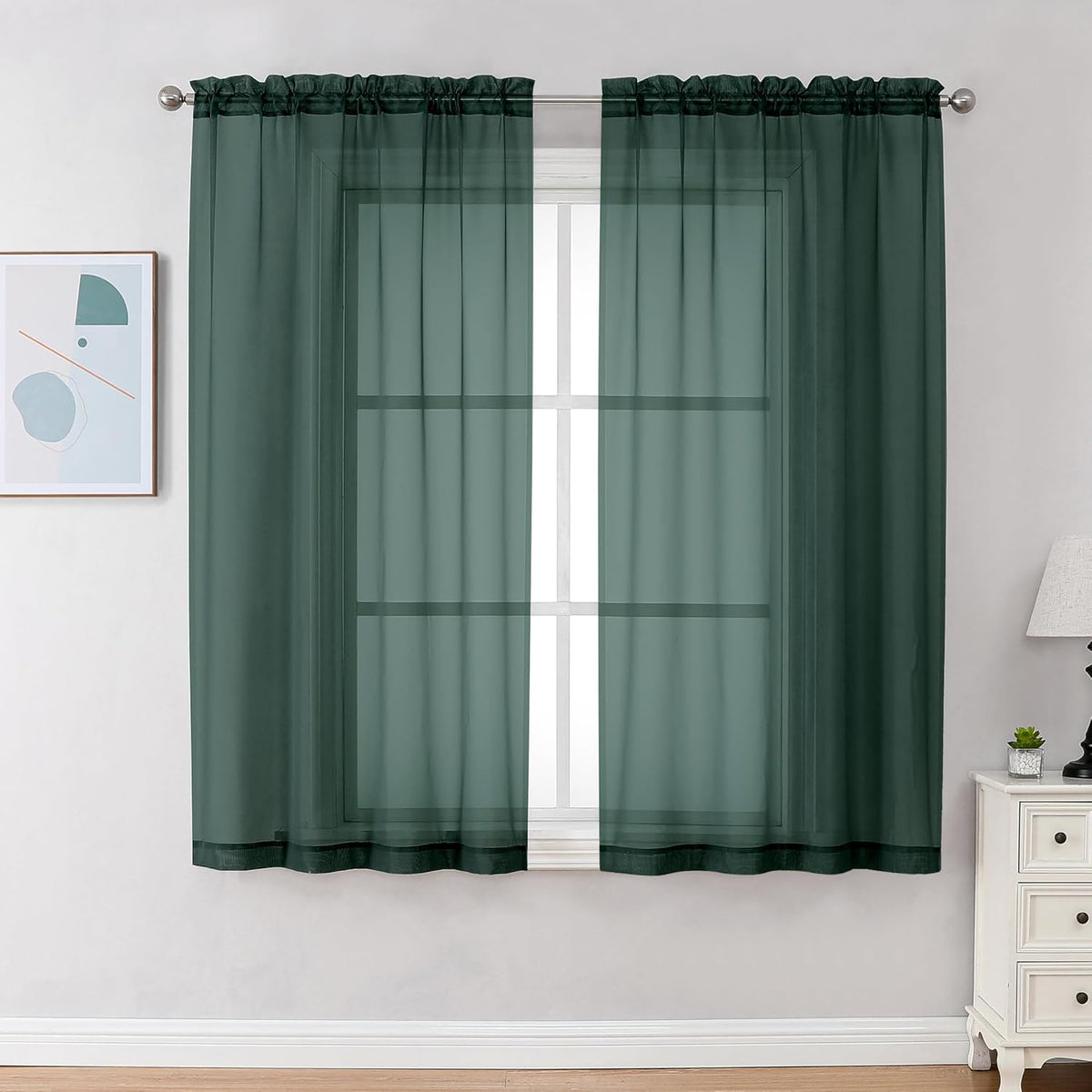 Chyhomenyc Hunter Green Sheer Curtains 63 Inch Length 2 Panels, Rod Pocket Solid Window Sheer Curtain Panels, Elegant Curtains & Drapes for Living Room Bedroom 2 Panels (Hunter Green, 42 W x 63 L)