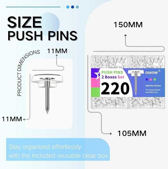 220 PCS Flat Clear Push Pins for Wall Thumb Tacks for Walls Flat thumbtacks Push pin for Bulletin Board Shadow Box Display Thumbtack for Cork Board (2 Boxes Clear)