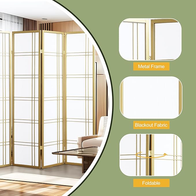 NicBex Room Divider 4 Panel Room Dividers with Paper-Looking Partition Room Dividers and Folding Privacy Screens Wall Divider for Home, Office, Room Separation,72" W x 1" D x 70" H, White+Gold