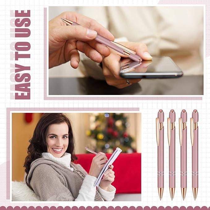 8 Pieces Ballpoint Pen with Stylus Tip Black Ink 2 in 1 Stylus Metal 1.0 mm Medium Point Smooth Pen Rainbow Colorful Rubberized Ballpoint for Touch Screen Tablet(Rose Gold)