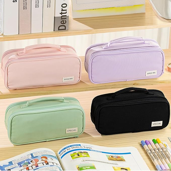MAMUNU Pencil Case Large Capacity with 3 Compartments, Pencil Case Pouch Bag with Zipper Handle Portable Pen Stationery Organizer for Teen Girls Adults College School Office Travel, Pink