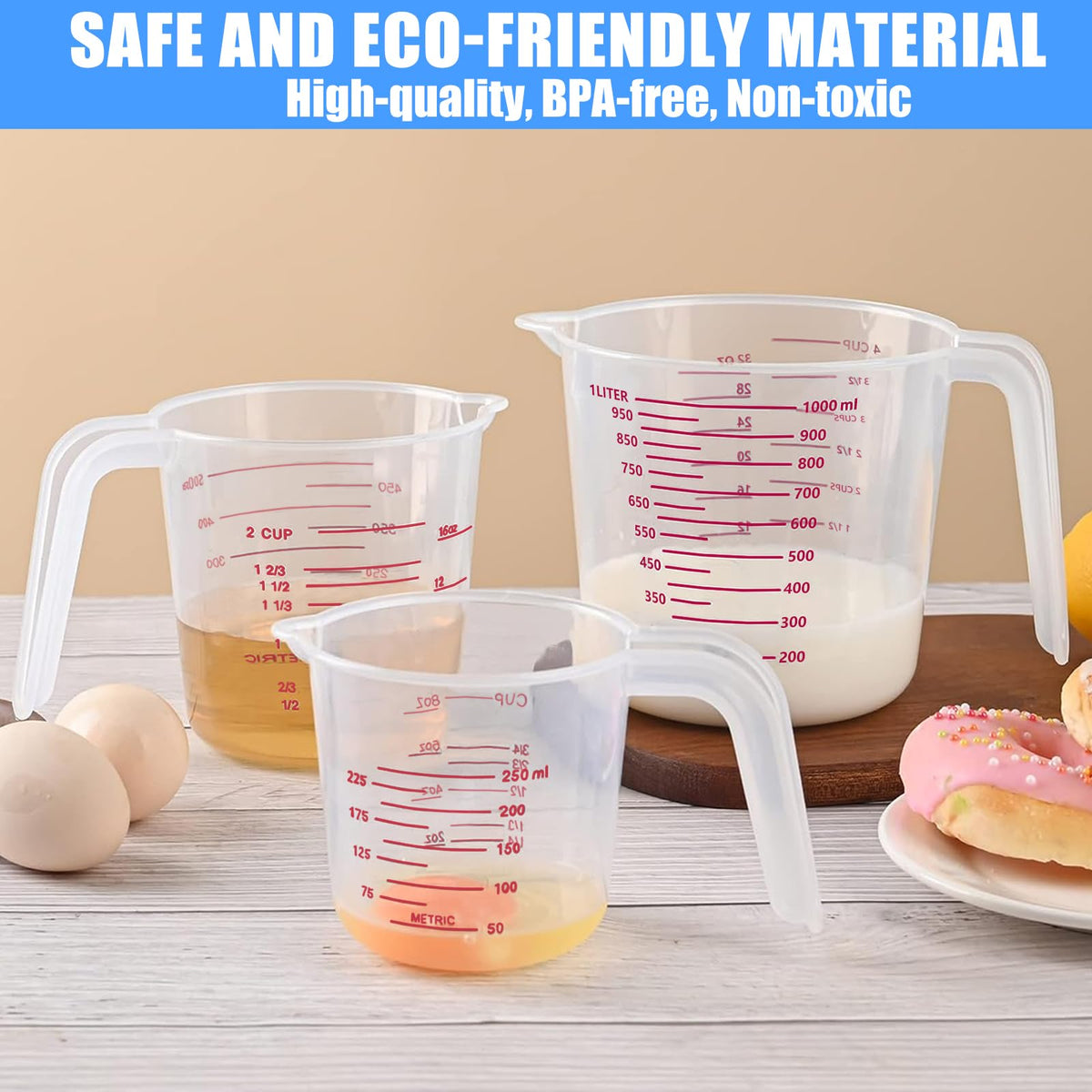 DTDNZKN 3 Pack Measuring Cup Set, Includes 250Ml (1-Cup), 500Ml (2-Cup) and 1000Ml (4-Cup) Plastic Liquid Measuring Cups- Baking, Cooking, Mixing & Measuring Cups, Essential Kitchen Tools