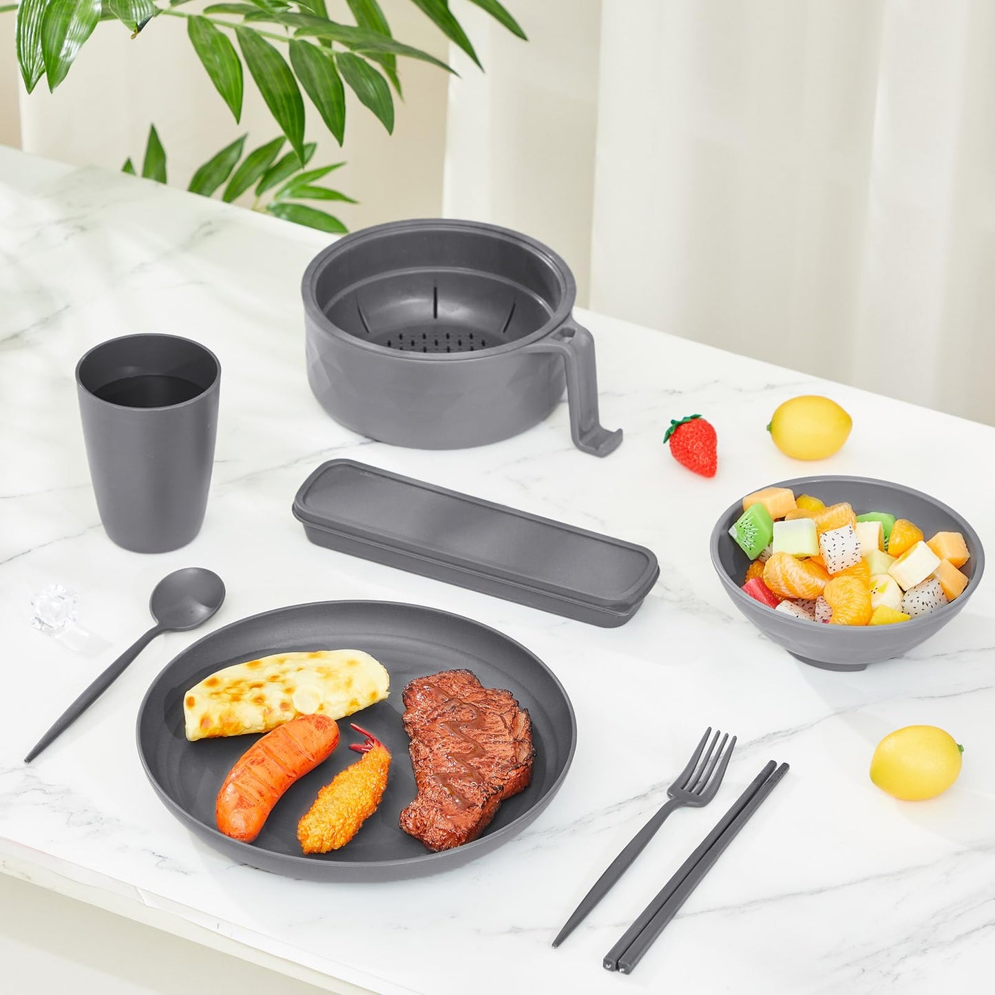 Romooa 6 Pcs Microwave Ramen Cooker Set Microwavable Wheat Straw Dinnerware Sets with 40oz Ramen Bowl, Plates, Cups and Cutlery Box, Dishwasher Safe Camping College Dorm (Grey)