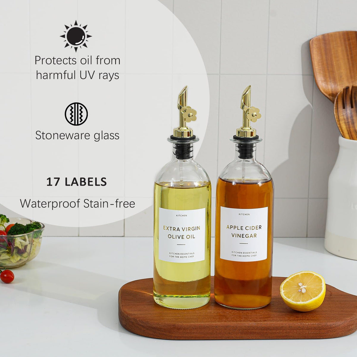 HOMCDALY Olive Oil Dispenser for Kitchen, 11.8oz Glass Dispenser Bottles with Pourer for Kitchen, Oil and Vinegar Dispensers Set, Leakproof Oil Bottle for Cooking| Set of 2 (16oz)