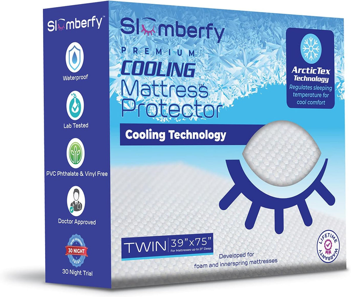 Twin Size Waterproof Cooling Mattress Protector by Slumberfy - Premium Skin-Safe Cover, Natural Fabric with ArcticTex Technology, Noiseless Quilted Cover â 39x75 in.