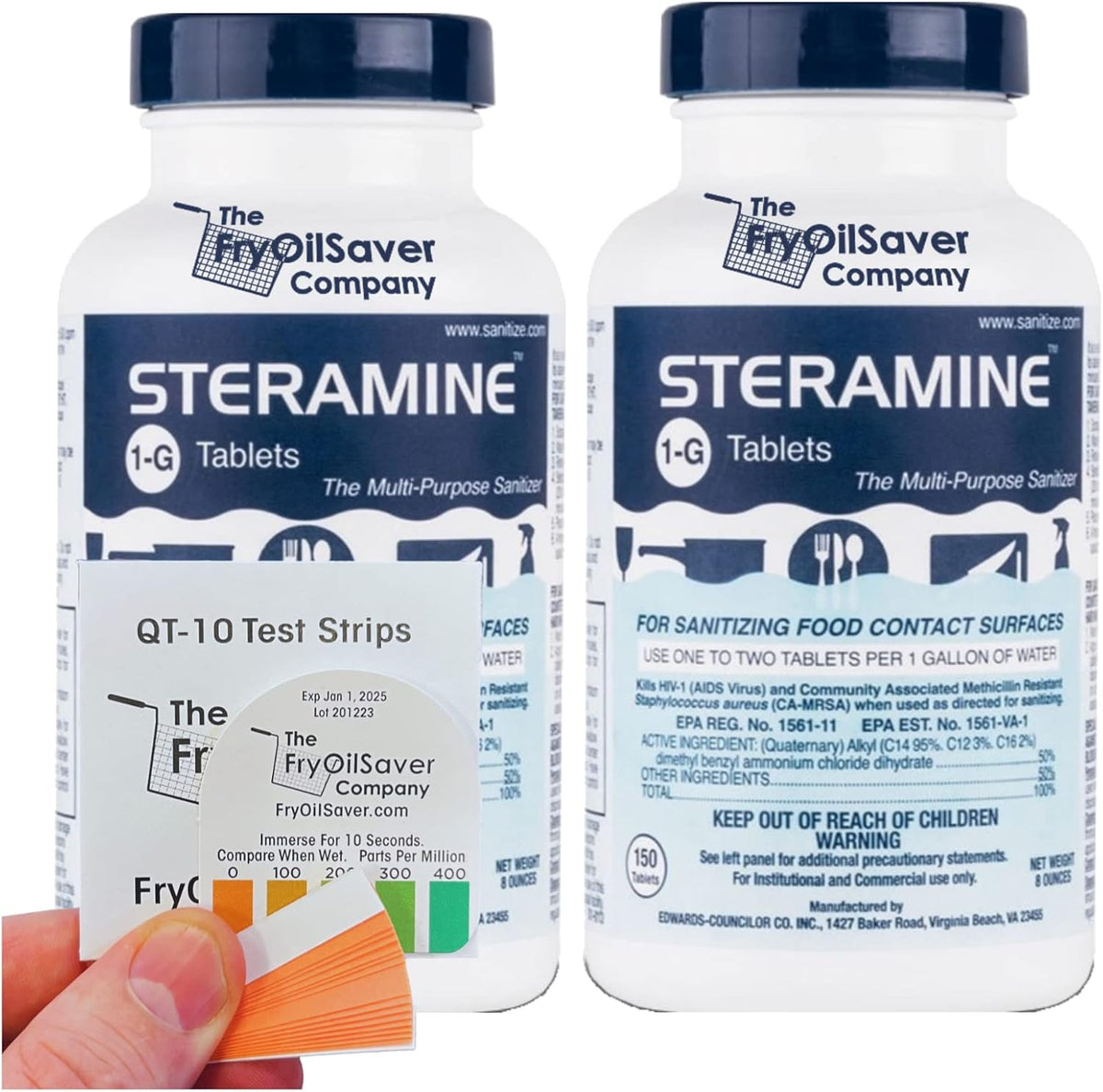 2 Bottles Steramine Sanitizer Tablets - 15x QT-10 Test Strip - Multi Purpose Steramine Sanitizing Tablets for Food Contact Surface in Kitchen, Restaurant & Food Service by FryOilSaver Co. (300 Count)