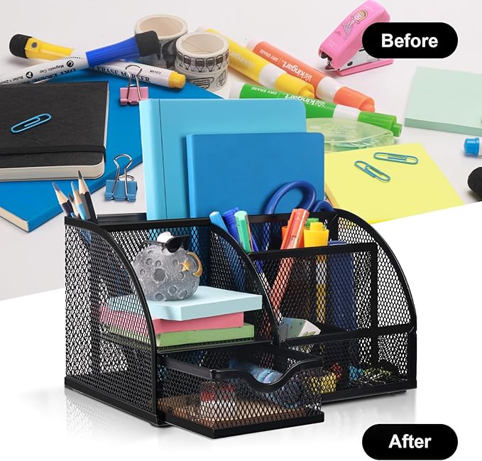Comix Mesh Pen Pencil Holder Desk Organizer, 7 Compartment Wire Desktop Pen Pencil Cup Caddy Office Supplies for Home Office School, Black