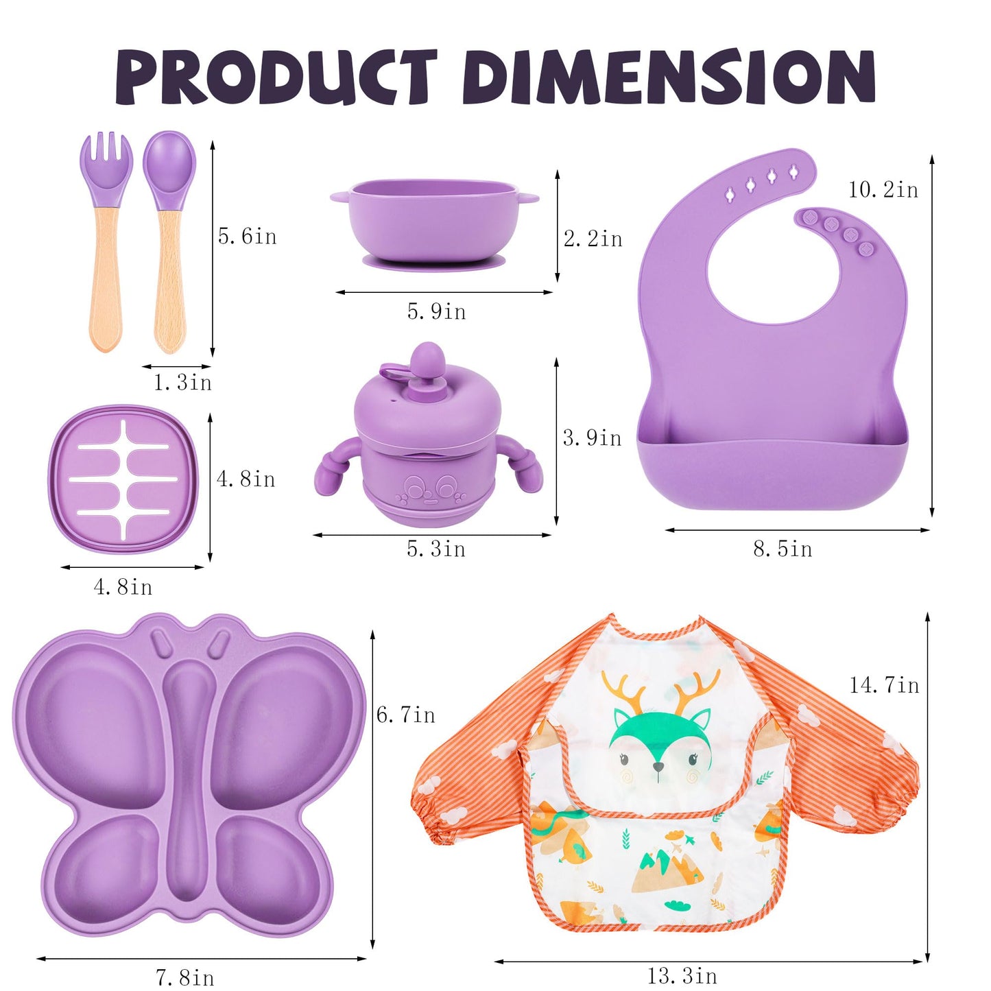 MIICASA Silicone Baby Feeding Set, Baby Led Weaning Supplies, Silicone Suction Butterfly Plate, Bowl, Spoons, Fork and Waterproof Bib & Cloth Bib, Eating Utensils Baby Feeding Essentials (Purple)