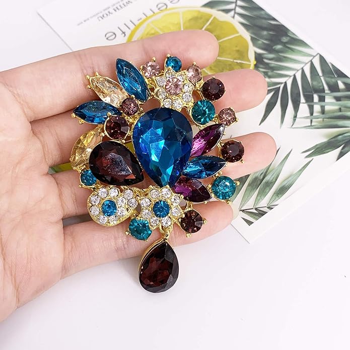 LAXPICOL Vintage Wedding Bridal Big Blue Crystal Rhinestone Tear drop Brooch Pin for Women