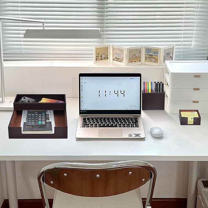 4 Pack Leather Office Supplies/Desk Organizer for Letter Paper Tray,Sticky Note Holder,Pen Cup,Stackable Small Letter Mail Sorter Tray,Workspace Decor for Women Men (Brown, 4-piece set)