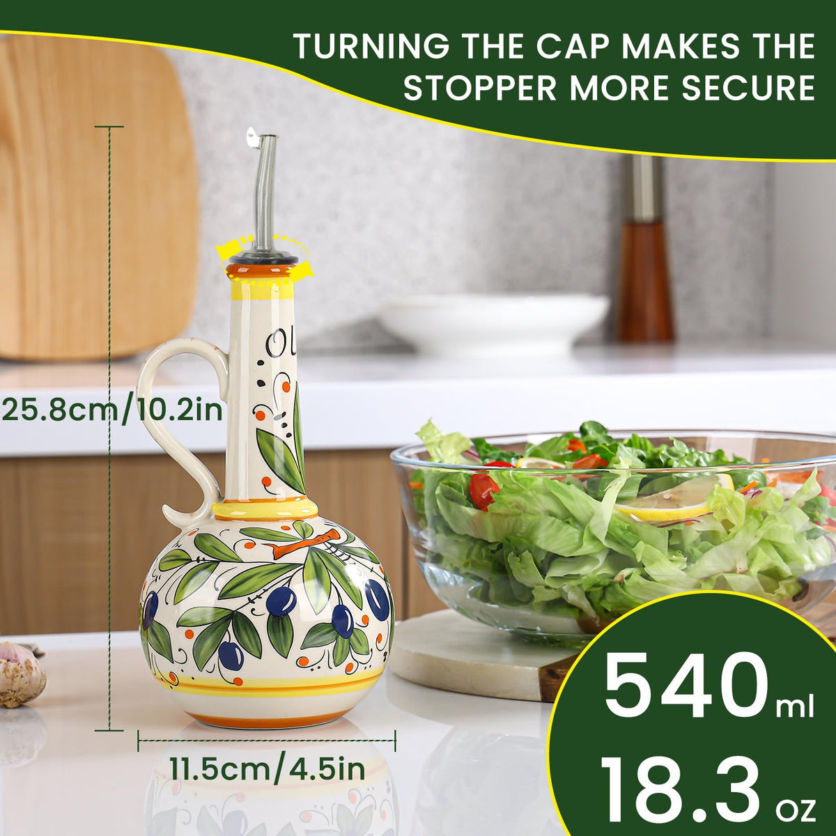 Gnlnkn 18 oz Ceramic Olive Oil Dispenser Bottle for Kitchen, Large Capacity Oli and Vinegar Cruet with Stainless Steel Spout, 540 ml Oil Container with Handle for Cooking Preventing, Vinegar Cruet