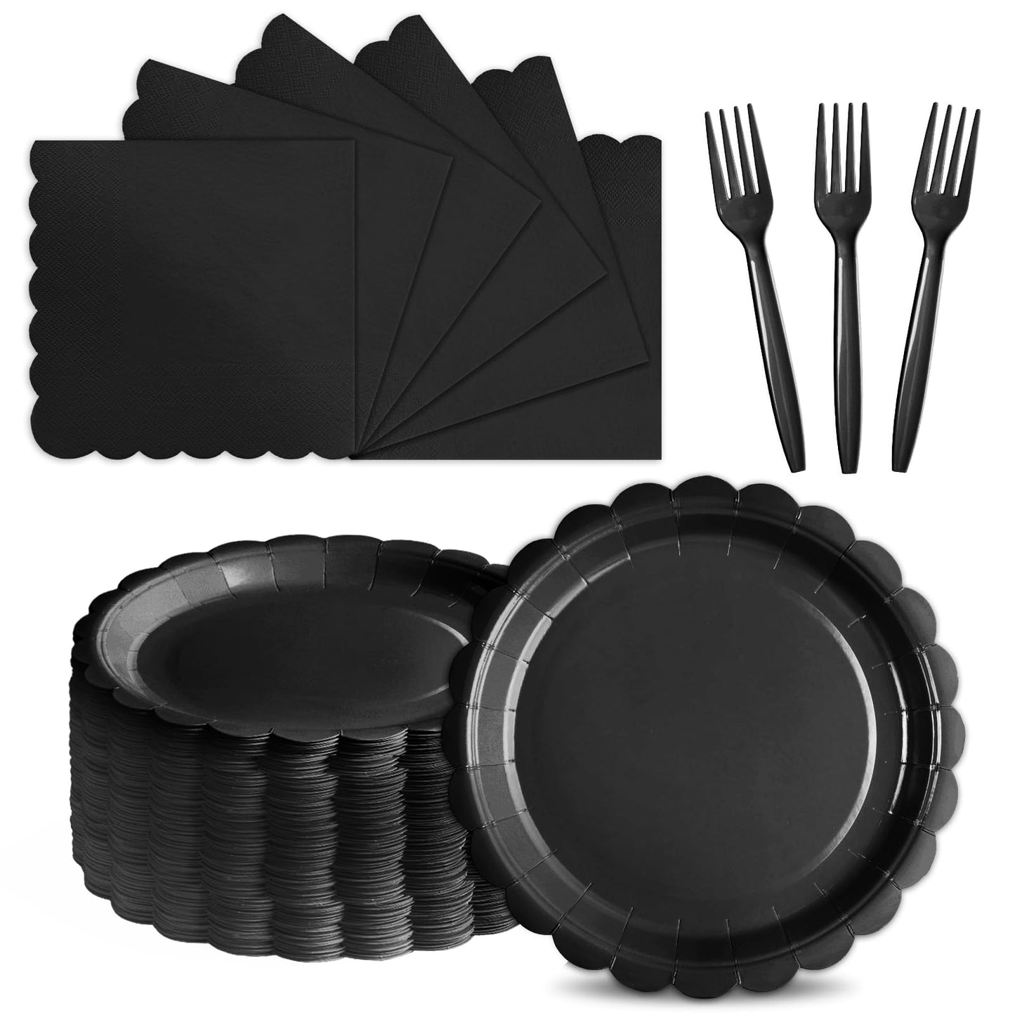 Tyzarglef 105PCS Paper Plates and Napkins Set, 7 Inch Scalloped Disposable Tableware with Forks for Birthdays, Garden Parties & Outdoor Events, Serves 35 (Black)