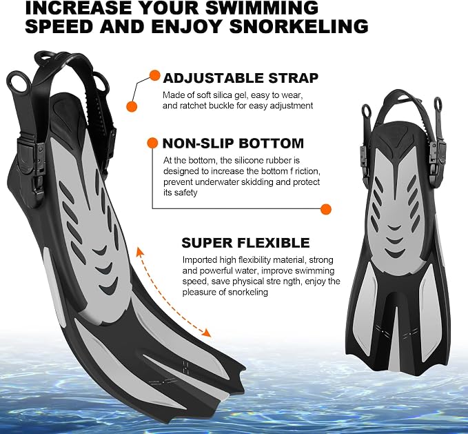 Odoland Snorkel Set, Adults Snorkeling Packages with Dry Top Diving Mask, Adjustable Swim Fins, Mesh Bag, Anti-Fog Anti-Leak Snorkeling Gear for Men Women
