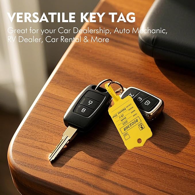 100 Car Key Tags with Labels Plastic Car Dealership Key Tags Self Locking Automotive Identifiers Blank Shop Labels with One Pen (Yellow)
