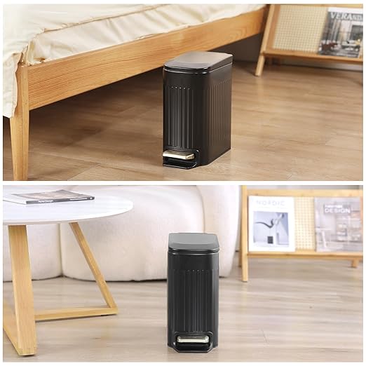 Slim Bathroom Trash Can with Lid Soft Close, Stainless Steel Garbage Can Step Trash Bin with Removable Inner Bucket for Bedroom, Office, Kitchen (Matt Black, 1.8 Gallons)