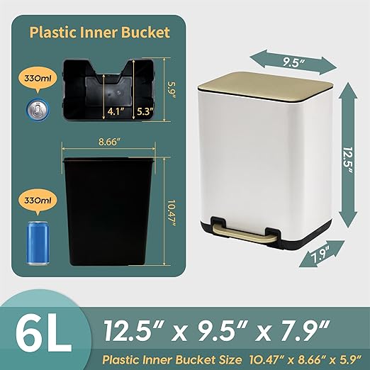 SunnyPoint 6 Liter(1.58 Gallon) Small Trash Can with Plastic Inner Buckets; Rectangle Bathroom, Office, Kitchen, and Bedroom Step On and Slow Close (WHT+Gold)
