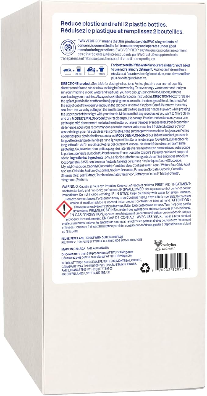 ATTITUDE Liquid Laundry Detergent Refill, EWG Verified, HE Compatible, Plant-Based & Vegan, Natural Laundry Soap, Citrus Zest Scent, 80 Loads, 67.6 Fl Oz