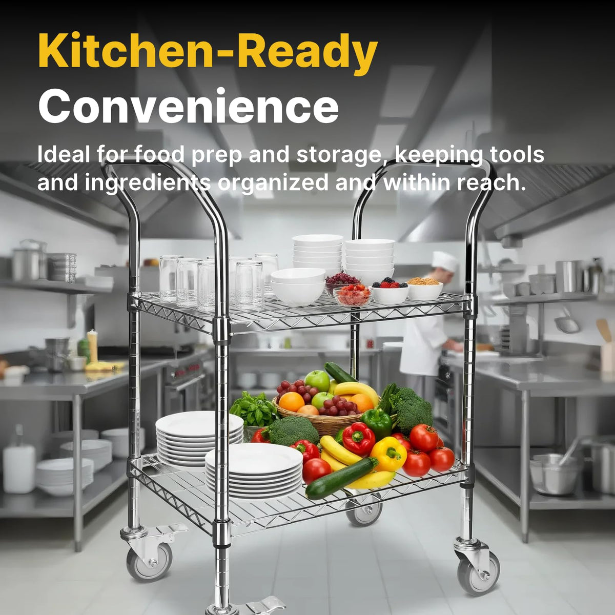 Northsky 2-Shelf Wire Utility Cart on Wheels, Chrome Finish Rolling Metal Shelving with Wheels, 550lb Capacity, 24" x 18" x 38", 2 Tier Rolling Cart for Kitchen Bar Storage Use