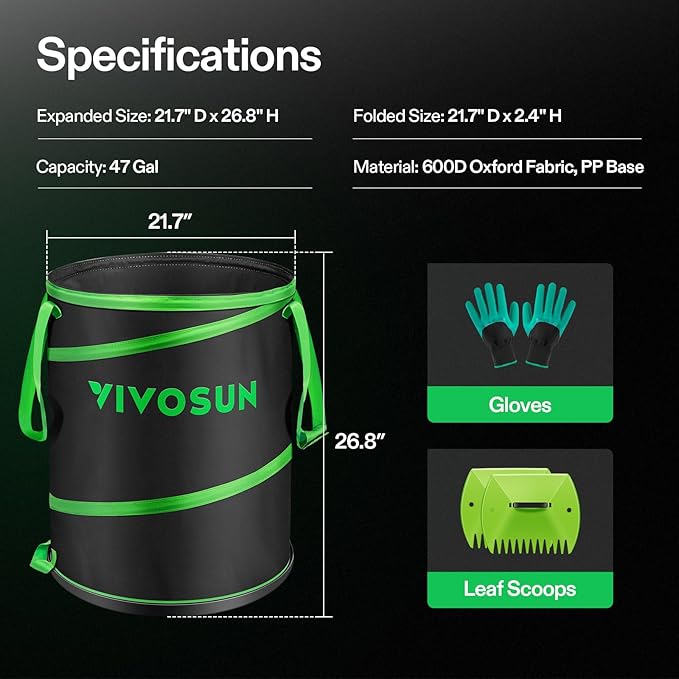 VIVOSUN 47-Gallon Collapsible Trash Can, Reusable Pop-Up Garden Bag with Hard-Shell Bottom, Leaf Scoops and Gloves, Yard Waste Container for Lawn Care and Camping, 2-Pack