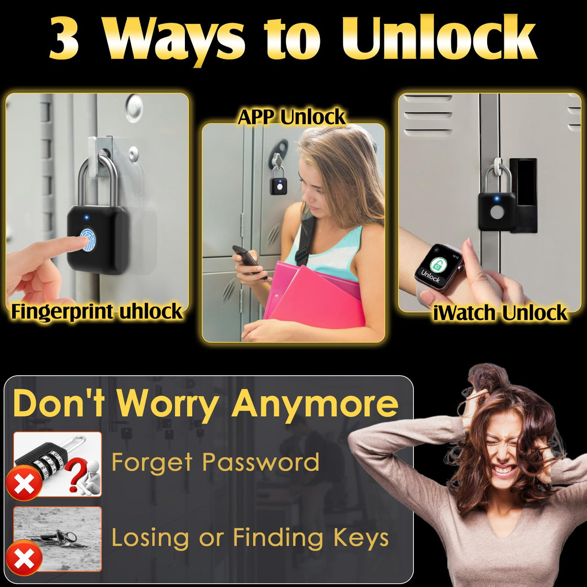 Fingerprint Padlock, Pothunder Smart Padlock, Locker Lock, Fingerprint Lock with APP Unlock, USB Rechargeable, Suitable for Gym Locker, Door(Black)