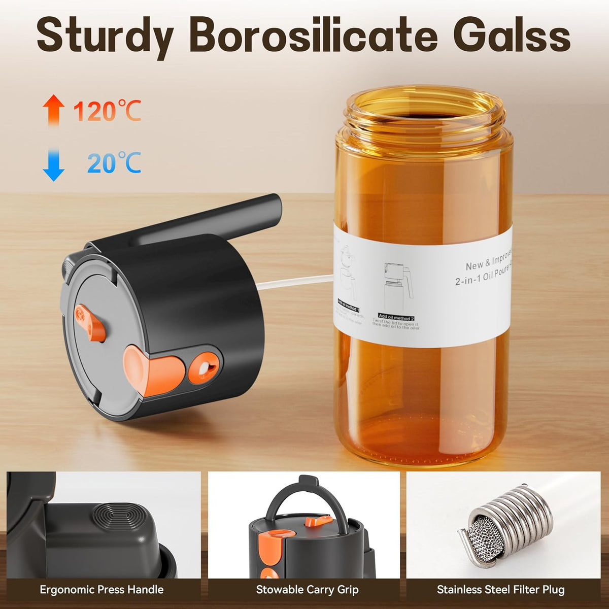 Upgrade 2 in 1 Oil Sprayer for Cooking, 17oz Light-Blocking Glass Olive Oil Dispenser Bottle for Kitchen,Food-Grade Oil Mister with 8 Stickers for Salad, Frying (Brown Bottle-Black Cap)