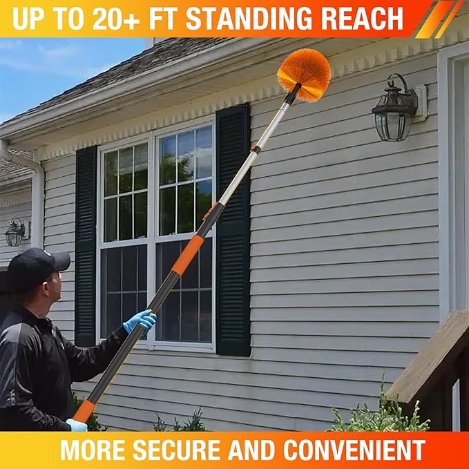 20FT (26FT Reach) Cobweb Duster with Extension Pole, Spider Web Brush for Cleaning Extendable, Professional Ceiling and Corner Dusters for Outdoor Indoor Use