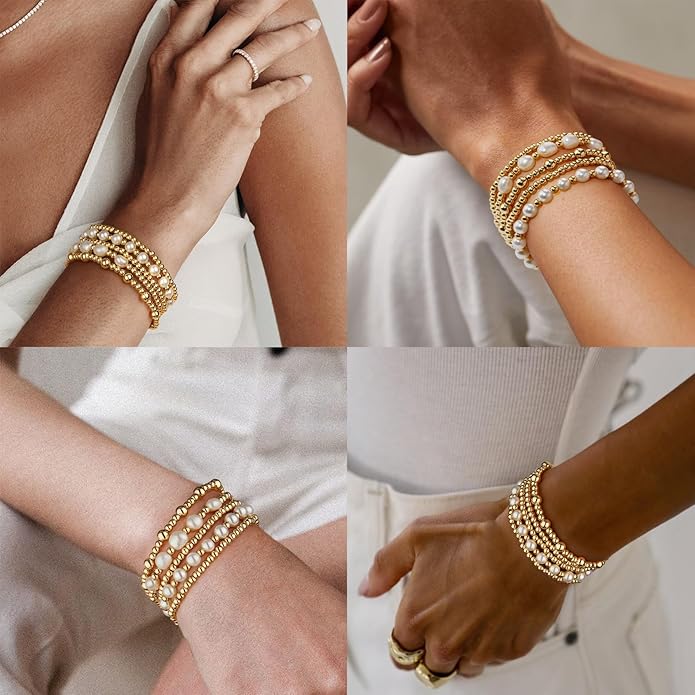 adoyi Gold Bracelets for Women Beaded Bracelet 14K Gold Plated Bracelet Stack Strand Stretch Bead Ball Bracelet Set Stackable Bracelet Adjustable Bracelet Set Jewelry for Gifts